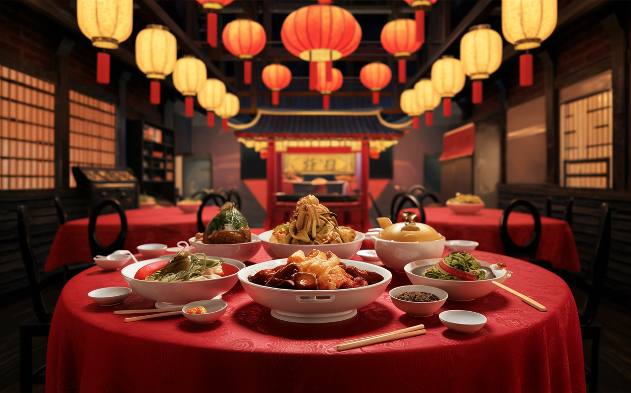 A lavish spread of traditional Cantonese dishes including dim sum, noodles, fish, and various other delicacies, set against a backdrop of hanging red lanterns in a Chinese restaurant setting.