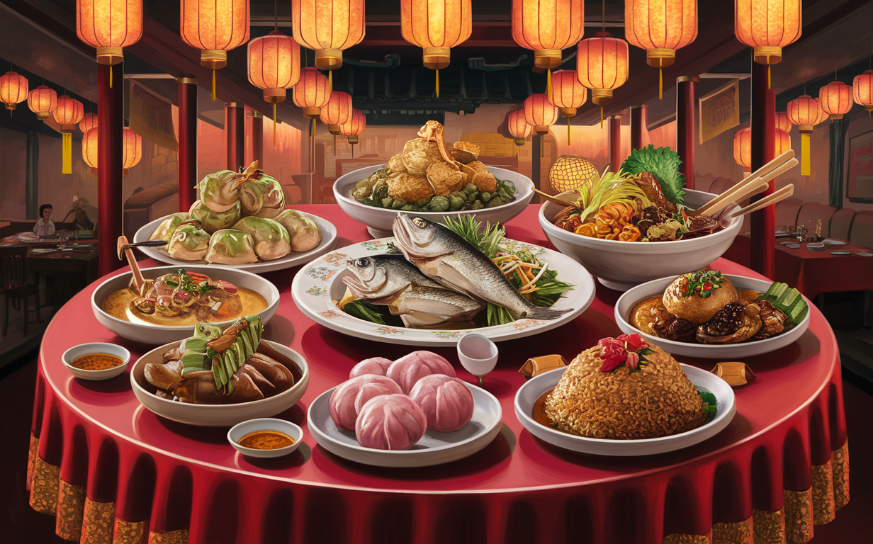 A table laden with various Cantonese dishes like stir-fried noodles, steamed fish, dumplings, fried rice, and more, set in a traditional Chinese decor with hanging red lanterns.