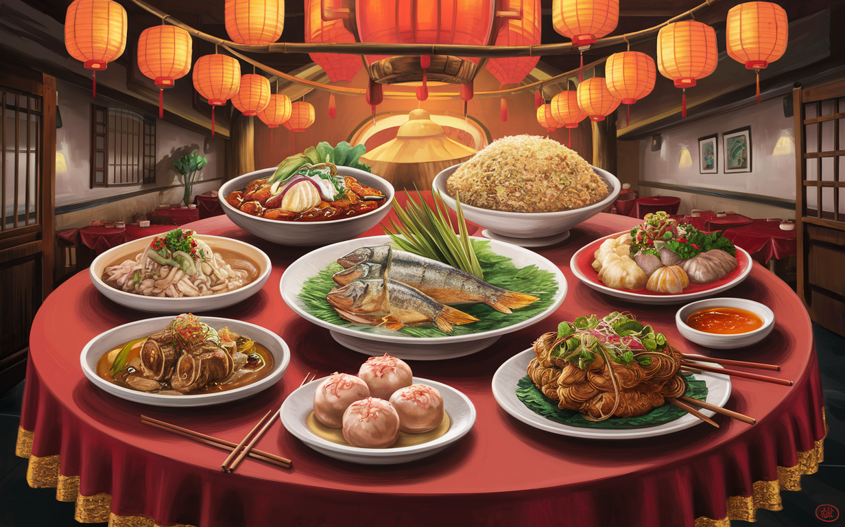 A lavish spread of authentic Cantonese dishes including dim sum, whole roasted chicken, stir-fried noodles, steamed fish, and more, presented in an atmospheric Chinese restaurant setting with red lanterns hanging overhead.