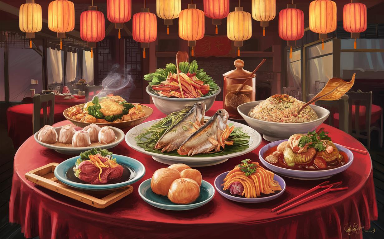 A colorful assortment of Cantonese dishes including steamed dumplings, roasted meats, stir-fried vegetables, and rice dishes served on decorative plates and bowls