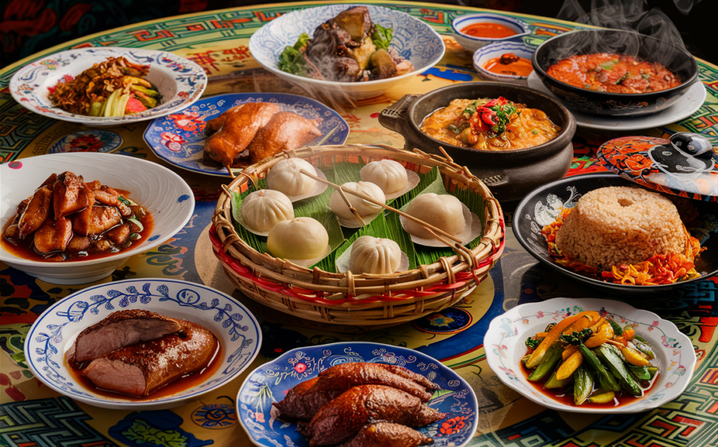 A table set with various Cantonese dishes like roast meat, noodles, and dim sum, surrounded by red lanterns and Chinese decor, creating a festive ambiance.